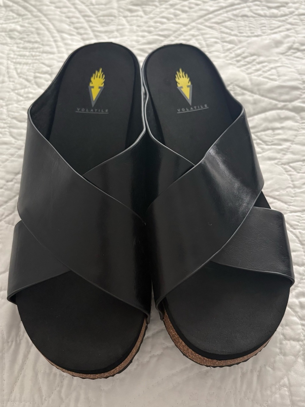 Volatile Ablette Black Leather Criss Cross Wedge Sandal – Size 10